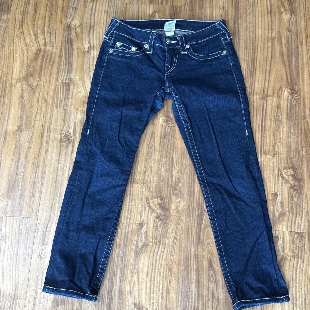 True Religion Stella Women's Size 26 Dark Wash Skinny Stretch Bling Crop EUC